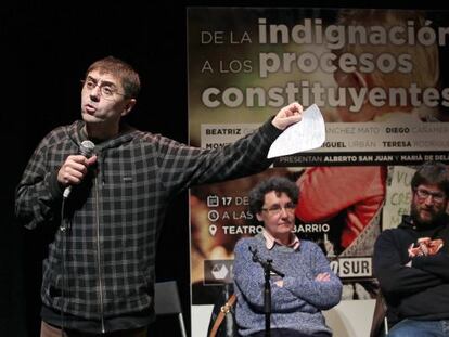 Juan Carlos Monedero durante el acto del segundo aniversario de Podemos en el Teatro del Barrio en Madrid. 