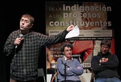 Juan Carlos Monedero durante el acto del segundo aniversario de Podemos en el Teatro del Barrio en Madrid. 