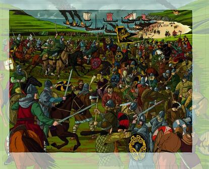 La lámina ilustra la mayor amenaza que sufrió Compostela durante su consolidación como centro de peregrinación, que fue el reiterado acoso de los vikingos. La batalla del año 968 acabó con la vida del obispo Sisnado.