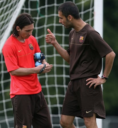 Pep Guardiola és el tècnic amb qui més ha connectat la Pulga. El català li va concedir el comandament de l'equip a la seva arribada a la banqueta, el 2008, i ell va correspondre a la confiança del preparador amb un elevadíssim nivell de joc i una col·lecció de trofeus. A la imatge, tots dos durant un entrenament.