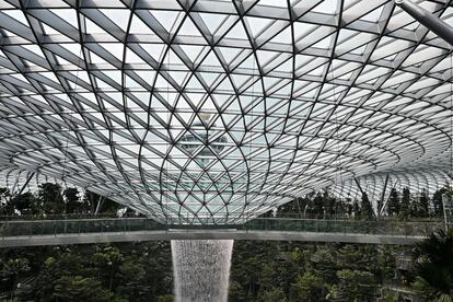 En la terminal Jewel Changi hay senderos para pasear, un laberinto vegetal y otro de espejos, toboganes y un jardín de esculturas. Una pasarela con suelo de cristal recorre el recinto a 23 metros de altura, pasando por el lugar en el que nace la cascada artificial.