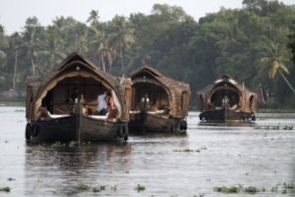 Casas flotantes en un canal de las 'backwaters', en Kerala (India).
