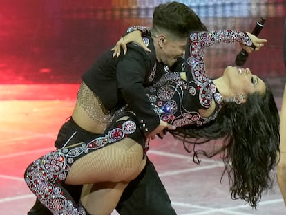 Chanel from Spain singing SloMo performs during the Grand Final of the Eurovision Song Contest at Palaolimpico arena, in Turin, Italy, Saturday, May 14, 2022. (AP Photo/Luca Bruno)