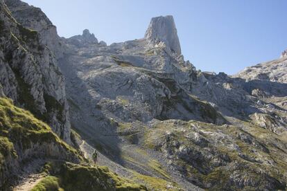 Esta inolvidable ruta circular de nueve días, cuajada de gargantas, lagos alpinos, densos hayedos, sendas emocionantes e imponentes picos, permite contemplar en primera fila la abrupta y espectacular impronta de los Picos de Europa. Conviene realizarla en el sentido de las agujas del reloj, partiendo desde el lago de la Ercina, accesible desde Covadonga. El recorrido pasa por la Vega de Ario, los pueblos de Caín y Bulnes, la Vega de Urriellu, a los pies del Naranjo de Bulnes (en la imagen, al fondo), el refugio Diego Mella/Collado Jermoso, el pueblo de Cordiñanes, el camping de Vega Huerta y el refugio de Vegarredonda. No es un ‘tour’ sencillo; precisa de mapa y brújula para orientarse si aparece la niebla y atraviesa trechos escarpados, peligrosos con lluvia. Además, en verano los refugios suelen estar llenos (lo que implica cargar con una tienda o vivaquear). La recompensa paisajística, como los cortados de la garganta del Cares, es impagable. Inicio y final: lago de la Ercina (Covadonga). Distancia: 104 kilómetros. Más información: <a href="http://parquenacionalpicoseuropa.es/" target="_blank">parquenacionalpicoseuropa.es</a>