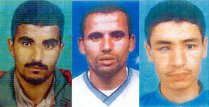 Fotos de tres de los residentes o huidos en España supuestamente relacionados con la cadena de atentados de Casablanca. De izquierda a derecha, Brahim Hamdi, Abdeslam Dachraoui y Rachid Aharez.