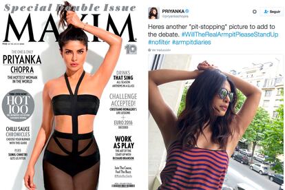 Priyanka Chopra, la nueva estrella de Hollywood (protagoniza la serie 'Quantico') ha sido la última en quejarse del Photoshop. El 'culpable' ha sido Maxim India, que misteriosamente le ha dejado una axila algo alienígena. La actriz ha publicado en Twitter cómo luce en realidad.