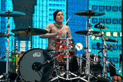 Travis Barker, the drummer for Blink-182, at day one of  Coachella.