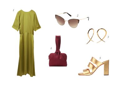 1. Vestido de Cos (175€). 2. Gafas de sol de Guess (99€). 3. Pendientes de Daniel Espinosa (c.p.v.). 4. Bolso de The Row (1.185€, a la venta en Mytheresa.com). 5. Sandalias doradas de Chie Mihara (231€).

 