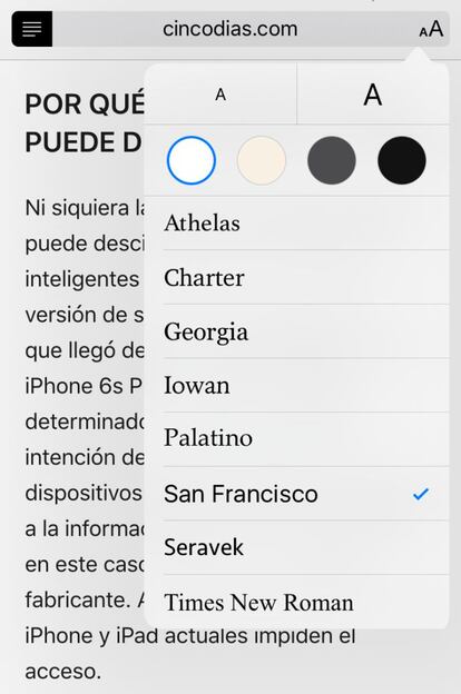 En el modo lectura de Safari, desplegando su configuración, podemos ahora modificar el tamaño de la letra y el tipo de fuente. Además de esto, podemos configurar el modo de lectura para que sea más cómodo durante la noche cambiando el contraste, también con modo sepia.