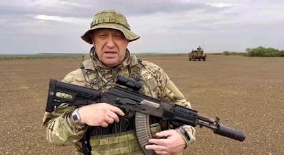 In this image taken from video released by Razgruzka_Vagnera telegram channel on Aug. 21, 2023, Yevgeny Prigozhin, the owner of the Wagner Group military company, speaks to a camera at an unknown location.