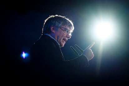 El expresident y cabeza de lista de JxCat para el 12M, Carles Puigdemont, el inicio de campaña en Argelers.