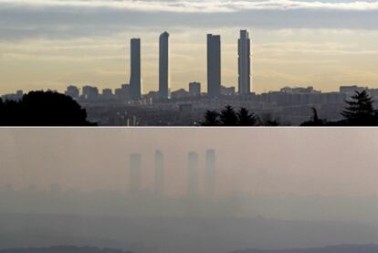 La vista de Madrid desde Torrelodones captada ayer (arriba) contrasta con la del pasado 10 de febrero, antes de que la lluvia limpiara la <b><i>boina</b></i> sobre la capital.