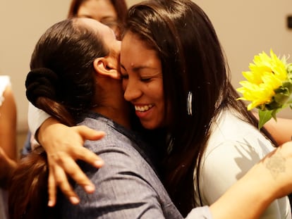 Lilian (right), acquitted after serving eight years in prison. She was jailed after suffering an obstetric emergency. In this photo, she is pictured partaking in a press conference in El Salvador, on January 17, 2024.