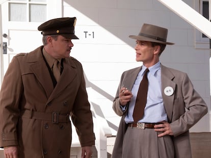 Matt Damon as Gen. Leslie Groves, left, and Cillian Murphy as J. Robert Oppenheimer in a scene from "Oppenheimer."