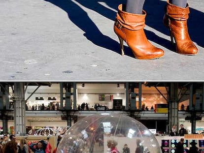 Arriba, una visitante con unos botines, el calzado que ha triunfado en esta edición de la feria. Abajo, ambiente en la B&B.