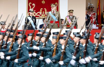  Los reyes de España, Felipe VI y Letizia, acompañados por la princesa de Asturias, Leonor de Borbón, presiden el tradicional desfile del Día de la Fiesta Nacional.