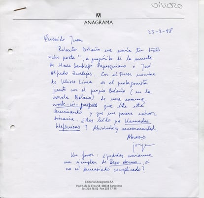 Carta a Juan Villoro comentando la obra de Roberto Bolaño. Febrero de 1998.