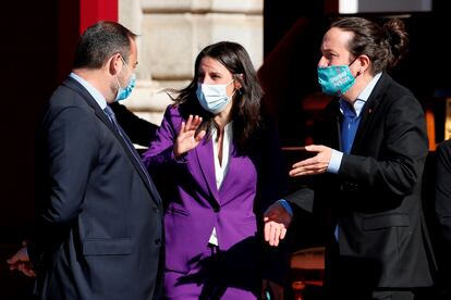 Los ministros José Luis Ábalos e Irene Montero y el vicepresidente segundo Pablo Iglesias.