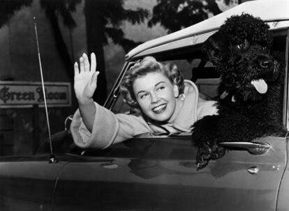 La actriz, con un caniche, en su automóvil, en 1955.