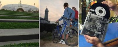 De izquierda a derecha: parque de Las Llamas, cerca del Sardinero; dos jóvenes de excursión en Mataleñas, con el faro al fondo; vinilo de Los Deltonos en el Soto Bar, donde grabaron su videoclip.