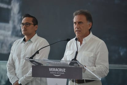 El gobernador de Veracruz, Miguel Ángel Yunes, esta mañaa durante su mensaje.