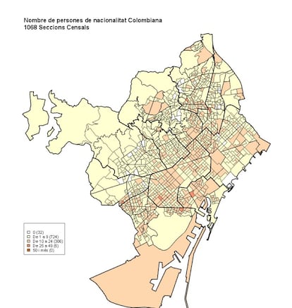 Els col.lectius més nombrosos. Nombre de persones de nacionalitat colombiana, per seccions censals. 