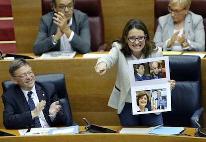 La vicepresidenta, M&oacute;nica Oltra, durante su intervenci&oacute;n en las Cortes valencianas. 