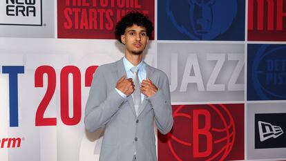 Jun 26, 2024; Brooklyn, NY, USA; Zaccharie Risacher arrives for the first round of the 2024 NBA Draft at Barclays Center. Mandatory Credit: Brad Penner-USA TODAY Sports