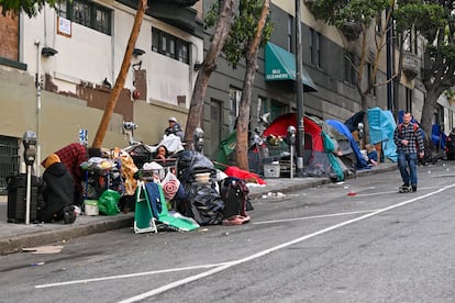 Tents set up on a street in San Francisco, California, in June 2023.