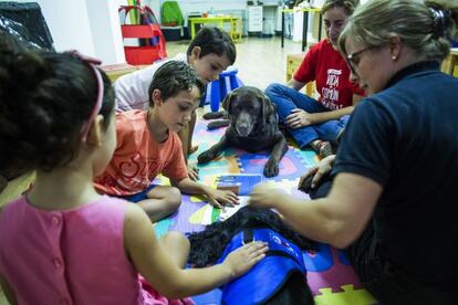Eva Domènec i la seva companya Andrea, en una sessió de lectura amb gossos al CTAC.