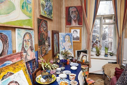 Works by artist and activist Elena Osipova decorate the communal St. Petersburg apartment where she has lived her entire life.