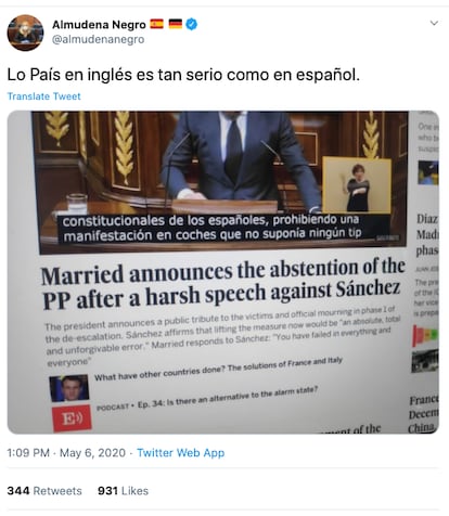 A screengrab of the now-deleted tweet from Almudena Negro criticizing EL PAÍS for the alleged error.