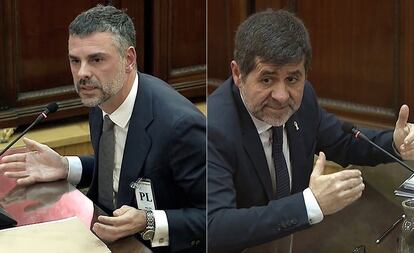 El juicio contra los promotores del 'procés' vivió un duro choque entre Jordi Sànchez, exlíder de la Asamblea Nacional Catalana (ANC) y la Fiscalía. Sànchez minimizó en su declaración en el Tribunal Supremo la violencia en la protesta callejera del 20-S con la intención de desligarse del delito de rebelión. Admitió “daños” en vehículos de la Guardia Civil pero rechazó que quisieran impedir el registro policial. Por su parte, Santi Vila, exconsejero de Empresa, declaró que intentó mediar "por orden de Puigdemont" y que dimitió al ser incapaz de frenar la declaración de independencia. Vila, considerado por sectores del independentismo como una especie de Judas del 'procés', saltó del barco del Govern el 26 de octubre de 2017, la víspera de la declaración unilateral de independencia (DUI) en el Parlament. En la imagen, Santi Vila (izquierda) y Jordi Sànchez, durante sus respectivas declaraciones.