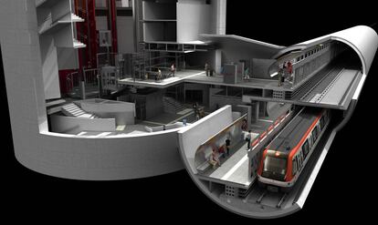 Recreación virtual de una estación de la L9 del metro de Barcelona. Se aprecia que la estación es un pozo excavado que se encuentra con los andenes, construidos en el mismo túnel de dos alturas por el que circulan los trenes. / GENERALITAT DE CATALUNYA