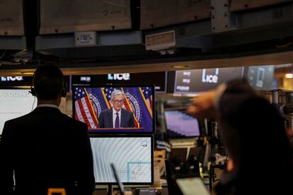 Jerome Powell, en una pantalla de la Bolsa de Nueva York, el 30 de julio.