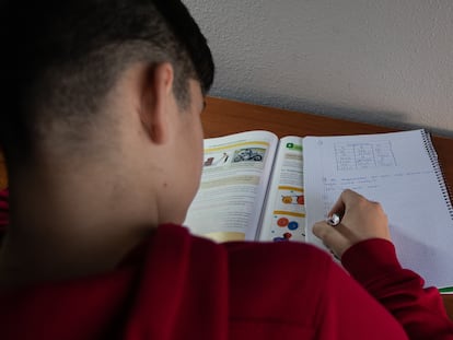 Un menor realiza sus tareas de clase en su habitación.