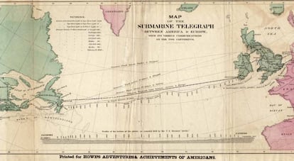 Mapa del primer cablea submarino para tel&eacute;grafo que uni&oacute; Europa y Am&eacute;rica en 1858. 