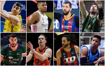 De izquierda a derecha y de arriba a abajo: Shermadini (Tenerife), Tavares (Madrid), Mirotic (Barça), Tomic (Joventut), Jaime Fernández (Unicaja), Prepelic (Valencia), Henry (Baskonia) y Rivero (Burgos). acbphoto