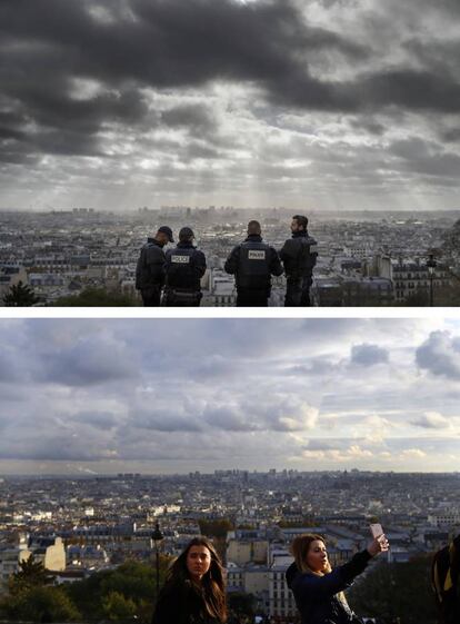 En la parte superior, oficiales de la policía francesa cerca de la iglesia de Sacre-Coeur, el 18 de noviembre de 2015. En la parte inferior, turistas toman fotos en el mismo lugar, el 8 de noviembre de 2016.