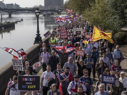 Partidarios del Brexit en la marcha que partió de Sunderland, a su llegada a Londres el 29 de marzo.