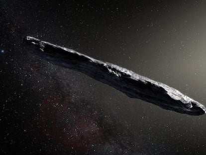 Recreación del objeto interestelar Oumuamua a su paso por el sistema solar.