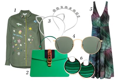 1. Camisa militar con parches de Mira Mikati (619 euros). 2. Bolso de Gucci (c.p.v) 3. diademas de Stradivarius (c.p.v). 4. Gafas de sol de Ray-ban (120 euros). 5. Vestido de seda de H&M (145 euros). 6. Pendientes de Pamela Love (327 euros disponibles en vandoômian.com).