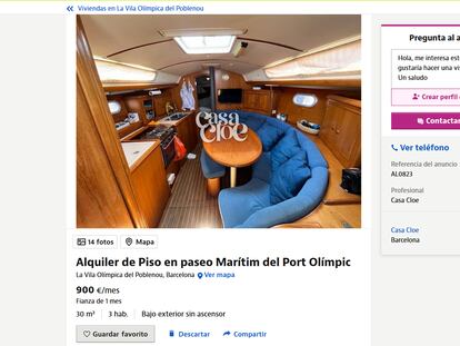Captura del anuncio en Idealista de la vivienda de alquiler de temporada en una embarcación del Port Olímpic.
