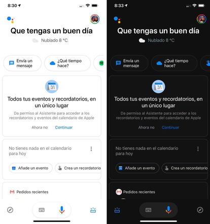 Asistente de Google en modo claro y oscuro.