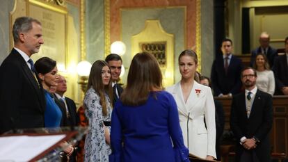 La princesa Leonor, en el momento de jurar la Constitución en el Congreso de los Diputados.