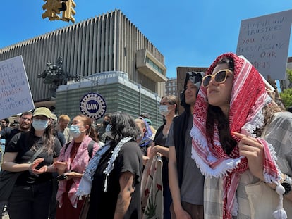 A group of pro-Palestinian students and protesters march at Columbia University in New York.