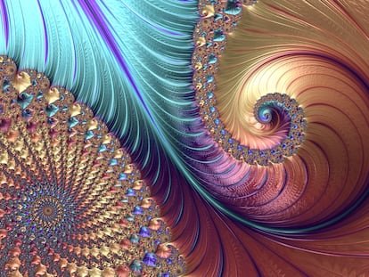 Fractal de Mandelbrot. Gráfico de computadora que muestra una imagen fractal derivada del conjunto de Mandelbrot. La geometría de los fractales se utiliza para derivar formas complejas como ocurre a menudo en la naturaleza.