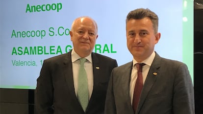 El presidente de Anecoop, Alejandro Monzón, (dcha) y el director general, Joan Mir, este miércoles en Valencia.