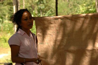 2008, Timor Occidental, Indonesia. Trabajadora del Programa Mundial de Alimentos realizando un estudio estacional de la seguridad alimentaria para determinar los periodos óptimos en los que proveer asistencia. En muchos países en desarrollo, las estaciones sin lluvias son más propensas a provocar hambrunas en la población. Por ello, el PMA tiene en cuenta criterios climatológicos para tratar de proporcionar asistencia alimentaria durante los meses en los que los alimentos básicos son más escasos y más caros.