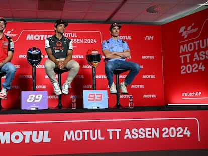 Francesco Bagnaia , Jorge Martin y Marc Márquez comparecen ante los medios antes del GP de Países Bajos.